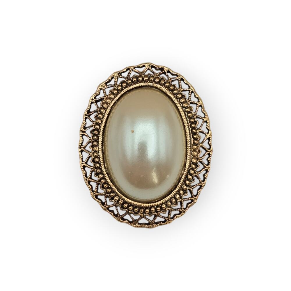 Pearl Oval Cabochon Filigree Pin Brooch – 1928 Brand – Vintage Victorian Romance